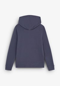 Granatowa bluza z kapturem, uszyta z miękkiej bawełny, z dużym kapturem, prążkowanymi mankietami i prostym dolnym brzegiem, bez widocznych logo czy wzorów.