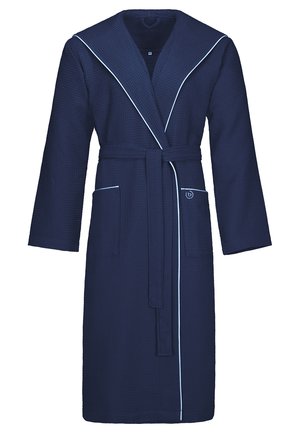 Navy waffle-textured bathrobe with a shawl collar, white piping, tie belt, and two front pockets.
