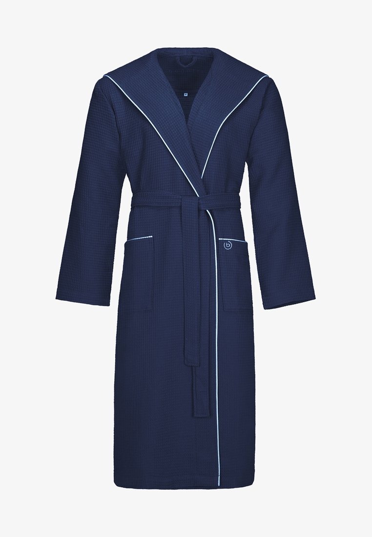 Navyfarbener Bademantel aus Waffeltextur mit Schalkragen, weißen Paspeln, Bindegürtel und zwei Vorderseiten-Taschen.