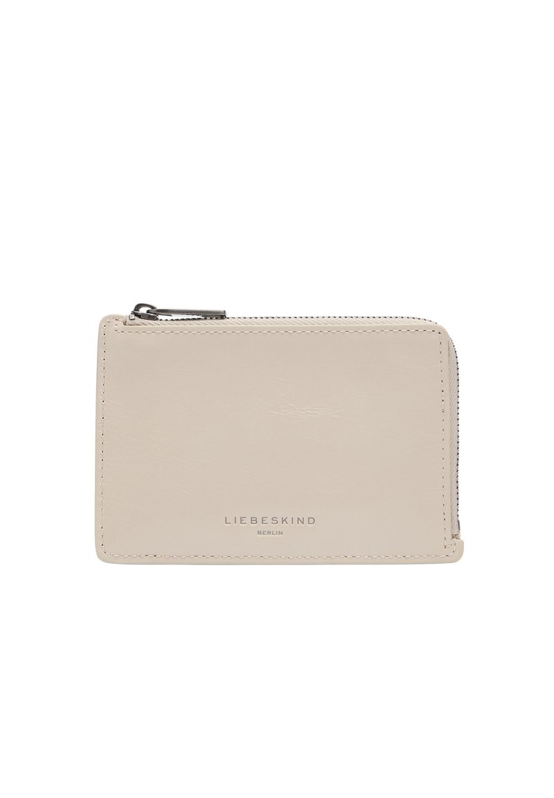 Beżowy skórzany portfel z zapięciem na zamek, z wytłoczonym logo "LIEBESKIND". Prostokątny kształt z precyzyjnym przeszyciem i gładką teksturą.