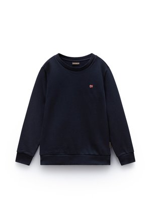 Navyblauwe sweatshirt met lange mouwen en ronde hals, voorzien van geribbelde boorden en zoom, met een klein Noors vlaggetje op de borst.
