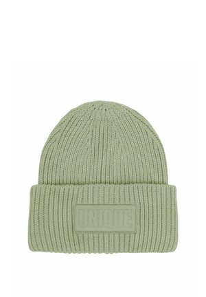 Light green ribbed knit beanie with folded cuff featuring a rectangular patch embossed with the word "UNIQUE" in large letters.