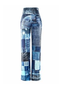 Patchwork denim pants featuring various shades of blue, wide leg design, distressed accents, and a high waist.