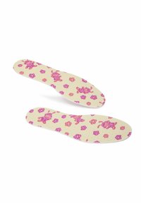 Rosa mönstrade inläggssula med en beige bakgrund som har små blommor och figurer, tillverkade av mjukt, strukturerat material, med en formad profil.