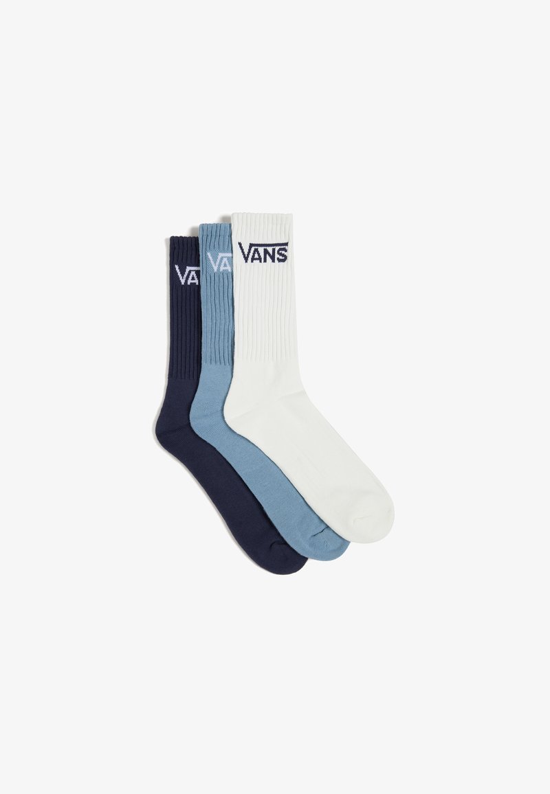 Drie paar Vans-sokken: donkerblauw, lichtblauw en wit. Gegolfde textuur met logo op de boord in navy. Katoenmengsel.