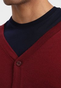Cárdigan de punto burdeos con diseño de cuello en V, que cuenta con un cierre de un solo botón y lleva encima una camiseta de cuello redondo en azul marino.