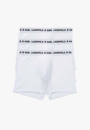Három pár fehér boxer alsónadrág sima anyagból, fekete derékpánttal, amelyen fehér nyomtatással szerepel a 'KARL LAGERFELD' felirat.
