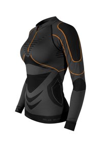 Long-sleeve athletic shirt in black with orange accents. Features textured fabric, fitted design, and a high collar. Branding on hem.