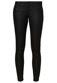 Černé skinny džíny vyrobené z elastického materiálu, s dvěma zipovými kapsami na přední straně a hladkou texturou po celém povrchu.