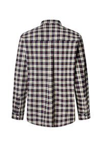 Camicia a quadri da uomo con maniche lunghe, caratterizzata da un motivo di quadrati blu navy, rossi e crema. Il materiale sembra leggero e con una texture interessante.