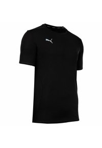 T-shirt nero a maniche corte realizzato in tessuto strutturato; presenta un collo rotondo e un logo Puma bianco riflettente sul petto.