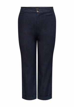 Tamnoplave kratke traperice ravnog kroja s gumbom i petljama za remen, s obrnjenim rubovima na nogavicama.