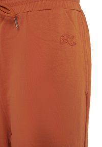 Pantaloni della tuta arancioni realizzati in tessuto morbido, con vita regolabile tramite cordino e ricamo del logo di lato, con una superficie liscia.