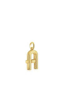 Pendente in oro a forma di lettera "A", con un design tubolare liscio e un piccolo dettaglio a croce sul lato.