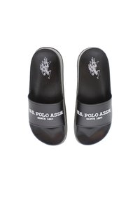 Infradito neri con upper testurizzato e logo bianco "U.S. Polo Assn." lungo la cinturino. Suola piatta con finitura liscia.