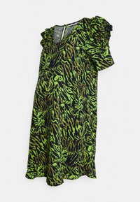 Green and black animal print dress with ruffled sleeves, v-neckline, and a slightly flared hem. Made from soft, lightweight fabric.