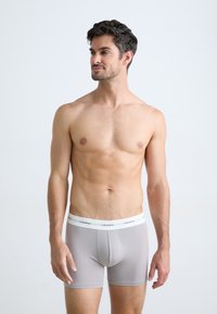 Boxeri gri dintr-un material neted, cu o bandă albă la talie, având logo-ul Calvin Klein, cu un design ajustat și lungime până la mijlocul coapsei.