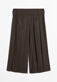 Bruine geplooide culottes met een brede pijp, een getailleerde tailleband en een gladde textuur. Gemaakt van een zacht, lichtgewicht stof.