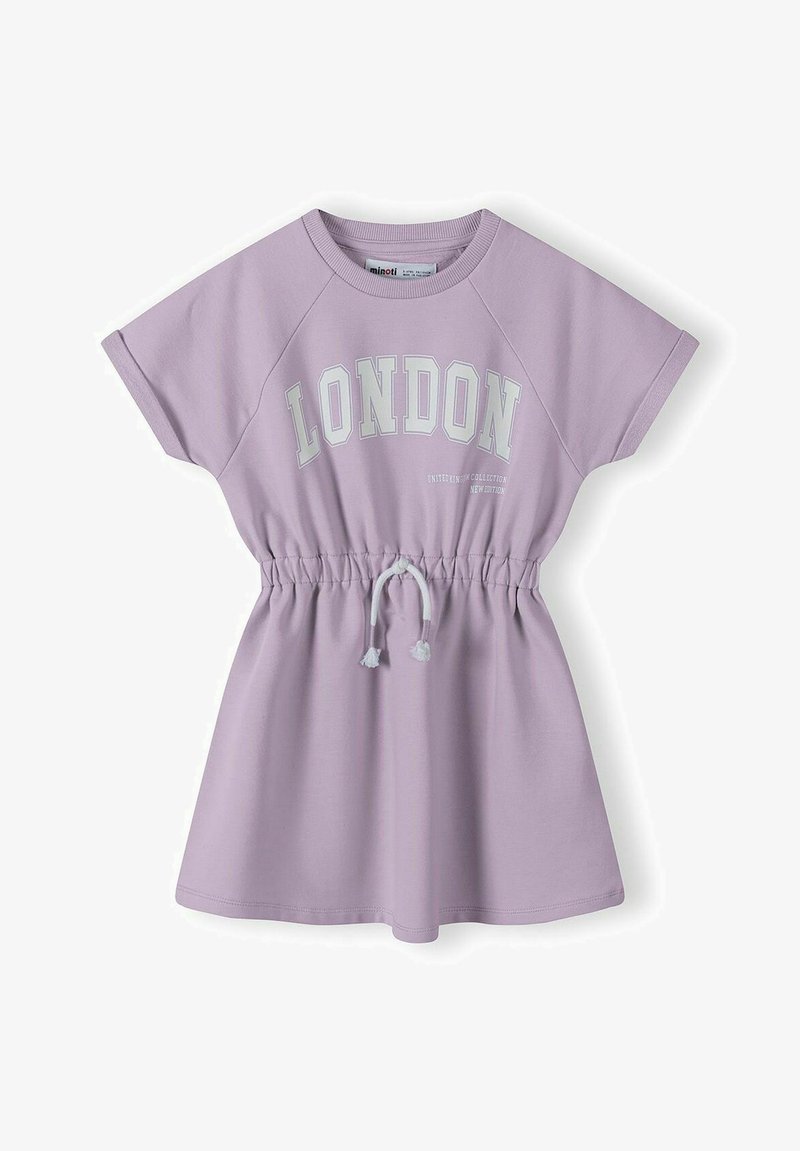 Paarse jurk met raglanmouwen, elastische tailleband met trekkoord en de tekst "LONDON" in het wit over de borst gedrukt.
