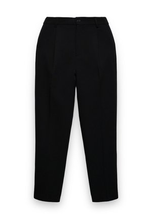 Pantaloni neri su misura con chiusura a bottone e zip, passanti per cintura e tasche frontali, mostrati su sfondo bianco.