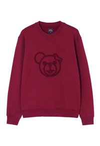 Sudadera burdeos con un diseño texturizado de la cara de un oso en hilo a juego en la parte frontal, con cuello en v y puños acanalados.