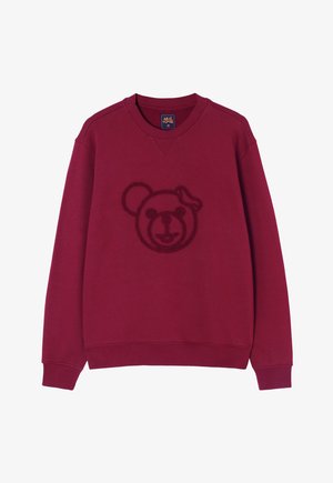 Burgundy sweatshirt with a textured bear face design in matching thread on the front, featuring a v-neck and ribbed cuffs.