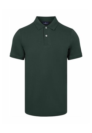 Donkergroene polo met korte mouwen, een kraag en twee witte knopen op de knoopsluiting, afgebeeld op een witte achtergrond.