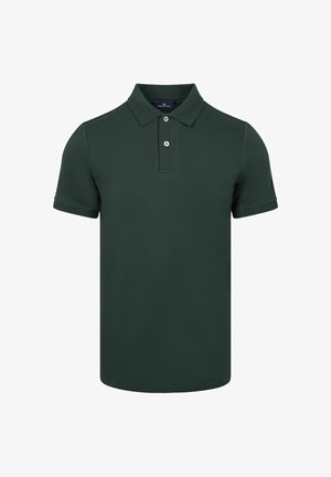 Donkergroene polo met korte mouwen, een kraag en twee witte knopen op de knoopsluiting, afgebeeld op een witte achtergrond.