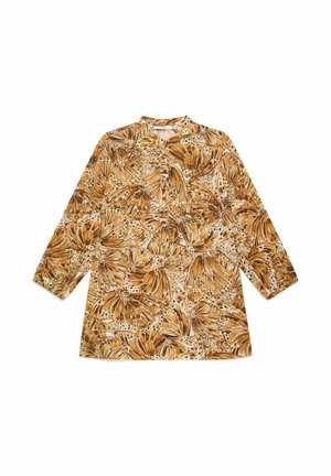 Long-sleeve blouse with brown and beige butterfly wing pattern, ruffle detail on front, and elastic cuffs.