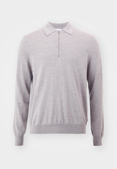 Hellgrauer Strickpullover mit Reißverschlusskragen, langen Ärmeln, gerippten Bündchen und Saum. Weiche Textur, lockere Passform und minimalistisches Design.