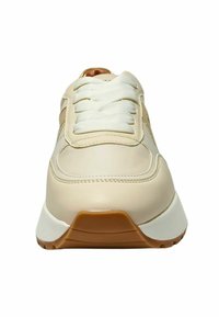 Beige leren sneaker met witte veters, ronde neus en een gestructureerde rubberen zool. Kenmerkt zich door een gladde afwerking en subtiele stikdetails.