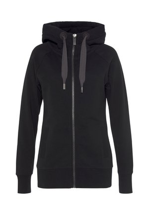 Schwarzer Zip-Hoodie aus weichem Stoff. Verfügt über eine doppellagige Kapuze, zwei Seitentaschen sowie gerippte Bündchen und Saum. Die Kordeln sind grau.
