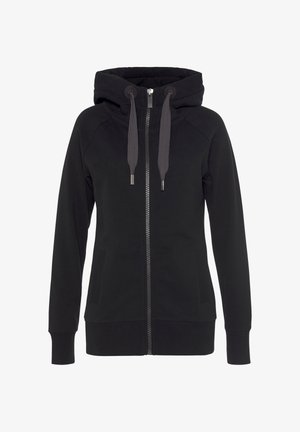 Black zip-up hoodie made of soft fabric. Features a double-layered hood, two side pockets, and ribbed cuffs and hem. Drawstrings are gray.