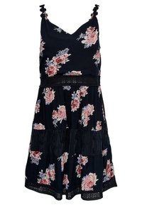 Floral vestido en marineblau mit Spaghettiträgern, ausgestattet mit rosa und blauen Rosen, einer schwarzen Spitzen-Taille und einem gestuften Rüschensaum.