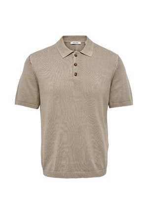 Beige Strick-Poloshirt mit kurzen Ärmeln, drei braunen Knöpfen sowie geripptem Kragen, Bündchen und Saum.