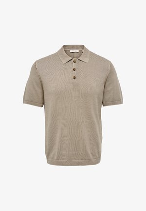 Beige Strick-Poloshirt mit kurzen Ärmeln, drei braunen Knöpfen sowie geripptem Kragen, Bündchen und Saum.