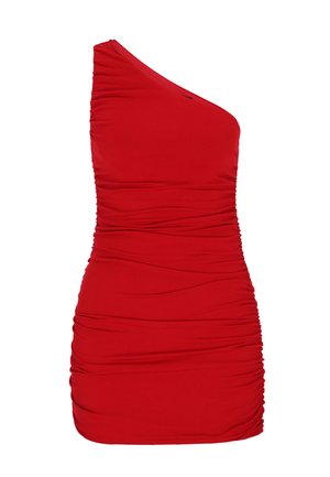 Rode mini-jurk met één schouder, geplooid met geplooide stofdetails langs de taille- en heupgebieden.