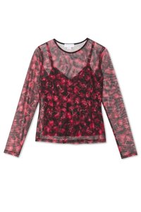 Langärmliges, transparentes Oberteil mit einem Kirschmuster in Rot- und Schwarztönen. Mit einem runden Ausschnitt und schlanker Passform, aus glattem Material.