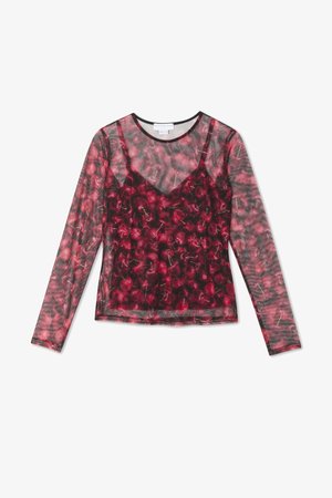 Pitkähihaisen läpikuultavan paidan punaisista ja mustista sävyistä, jossa on kirsikkakuosi. Paidassa on pyöreä pääntie ja slim fit -design sekä sileä kangas.