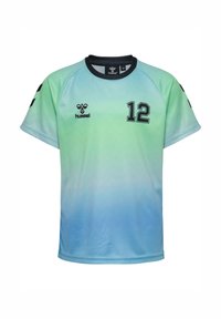 Kurzärmeliges Sporttrikot mit Farbverlauf von Grün zu Blau, schwarzer Kragen, Nummer 12 auf der Brust und schwarzem hummel-Logo auf der linken Seite.