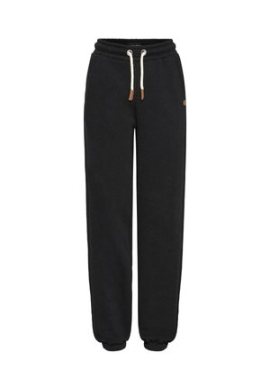 Svarte joggebukser med elastisk midje og mansjetter, hvit snor med brune lærspisser, og sidelommer.