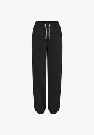Black sweatpants with elastic waistband and cuffs, white drawstring with brown leather tips, and side pockets.