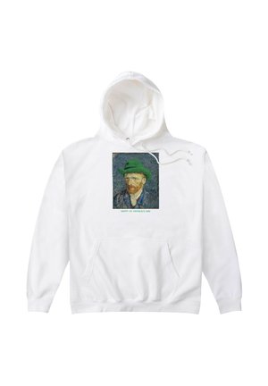 Witte hoodie met een geprint portret van een man die een groene hoed draagt en de tekst "HAPPY ST PATRICK'S DAY" onder de afbeelding.