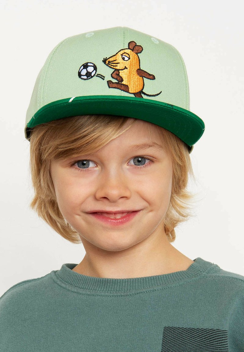 Green baseball cap featuring an embroidered brown and orange mouse kicking a black and white soccer ball, with a green peak and pastel body.