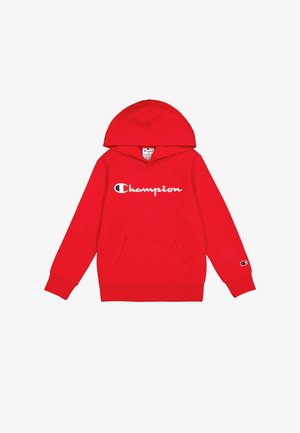 Felpa rossa in pile con tasca frontale, con il logo "Champion" bianco. Include un cappuccio con coulisse e polsini a coste.