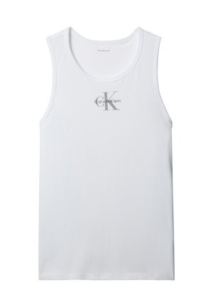 Biała, bezrękawnikowa koszulka Calvin Klein z logo "cK Calvin Klein" umieszczonym na środku klatki piersiowej.
