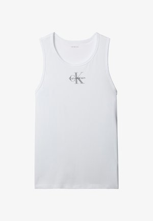 Biała, bezrękawnikowa koszulka Calvin Klein z logo "cK Calvin Klein" umieszczonym na środku klatki piersiowej.