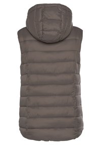 Wattierte Weste in grau-braun, ärmelloses Design mit Kapuze, mit horizontalen Steppnähten und einer glatten Textur.