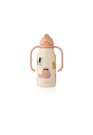 Insulated water bottle with a cream body, peach-colored lid and handles. Features cute animal illustrations in various colors.