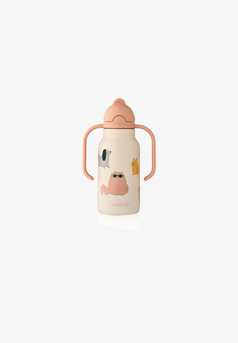 Bouteille d'eau isolée avec un corps crème, un couvercle et des poignées de couleur pêche. Arbore des illustrations d'animaux mignons dans diverses couleurs.